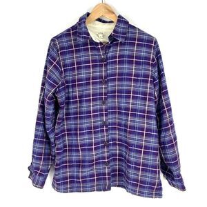 LL Bean Shirt Jacket Size Medium Womens Purple Fleece Lined Flannel Button Up